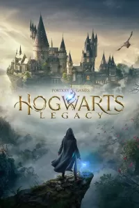 Capa do jogo Hogwarts Legacy com um personagem de costas olhando para o Castelo de Hogwarts