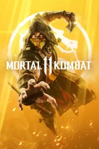 Capa do jogo Mortal Kombat 11 com Scorpion em uma pose de ataque em um fundo amarelo.