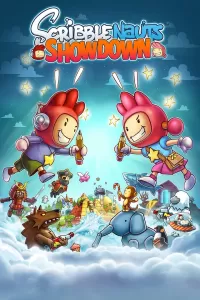 Capa do jogo Scribblenauts Showdown com personagens coloridos em um cenário vibrante.