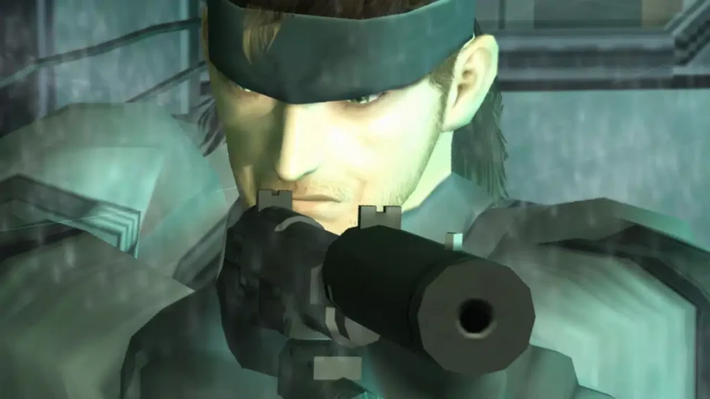 Solid Snake mirando com uma arma em Metal Gear Solid 2: Sons of Liberty