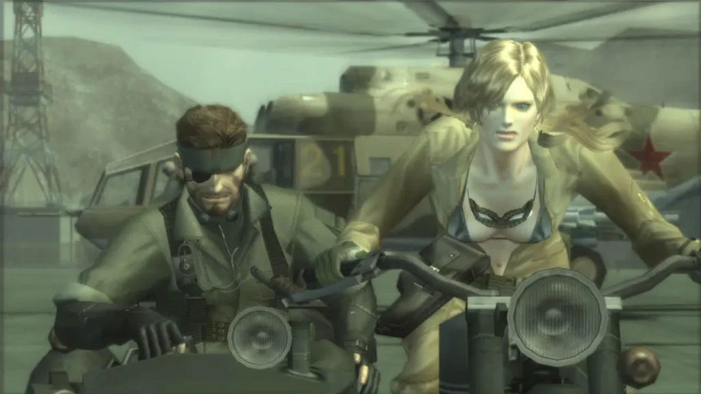 Naked Snake e Eva em motocicletas em Metal Gear Solid 3: Subsistence