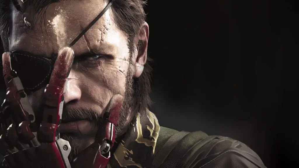 Close-up de Big Boss com prótese vermelha em Metal Gear Solid V: The Phantom Pain