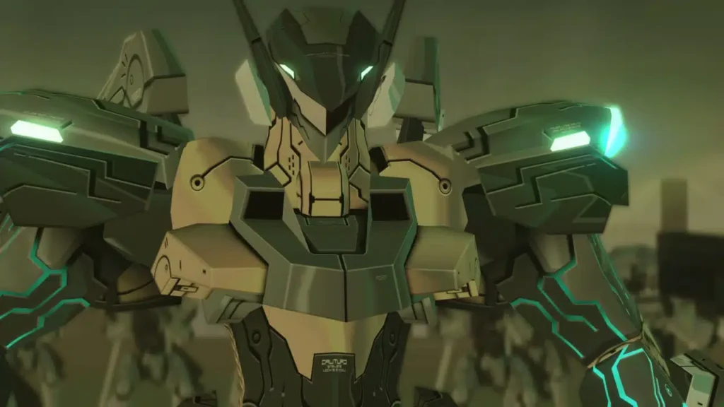 Mecha Jehuty com luzes verdes em Zone of the Enders: The 2nd Runner.