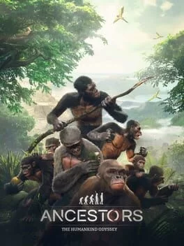 Capa do jogo "Ancestors: The Humankind Odyssey" mostrando um clã de primatas na selva.