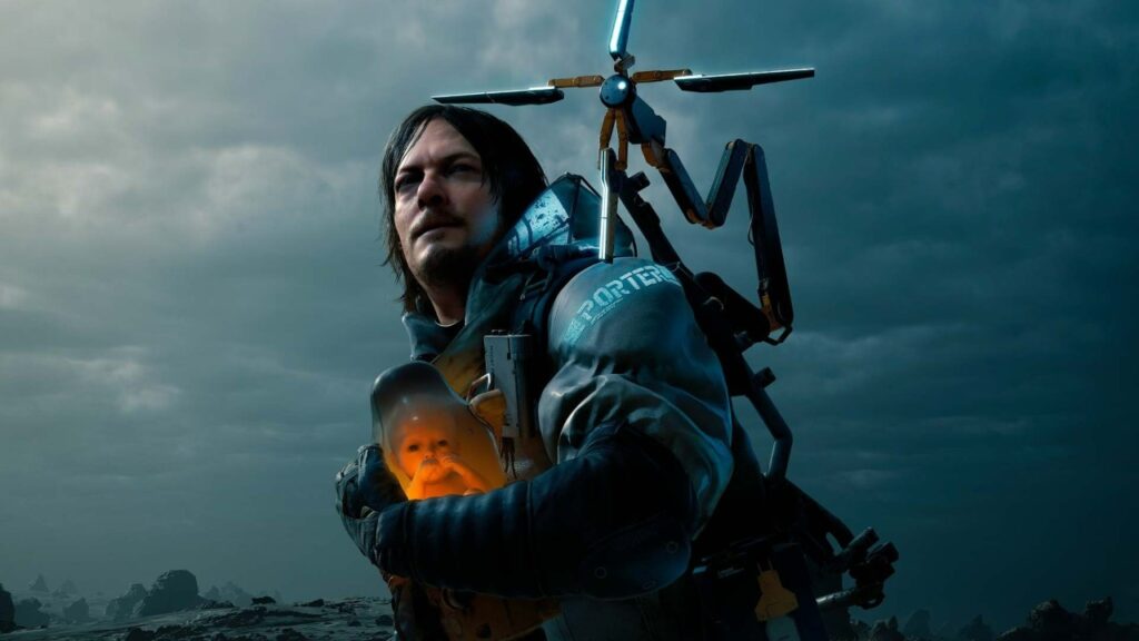 Sam Porter Bridges carregando um bebê em uma cápsula em Death Stranding.