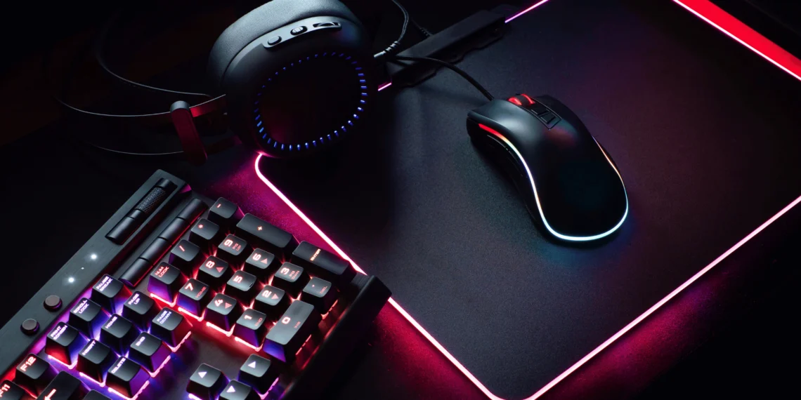 Setup gamer com teclado, fone de ouvido, mouse e mouse pad com iluminação RGB.