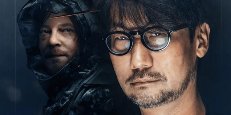 Hideo Kojima de óculos ao lado de Norman Reedus em traje de Death Stranding