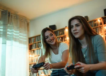 Os 25 melhores jogos de videogame da história 9 Duas mulheres jogando videogame em um ambiente aconchegante, destacando os melhores jogos de videogame.