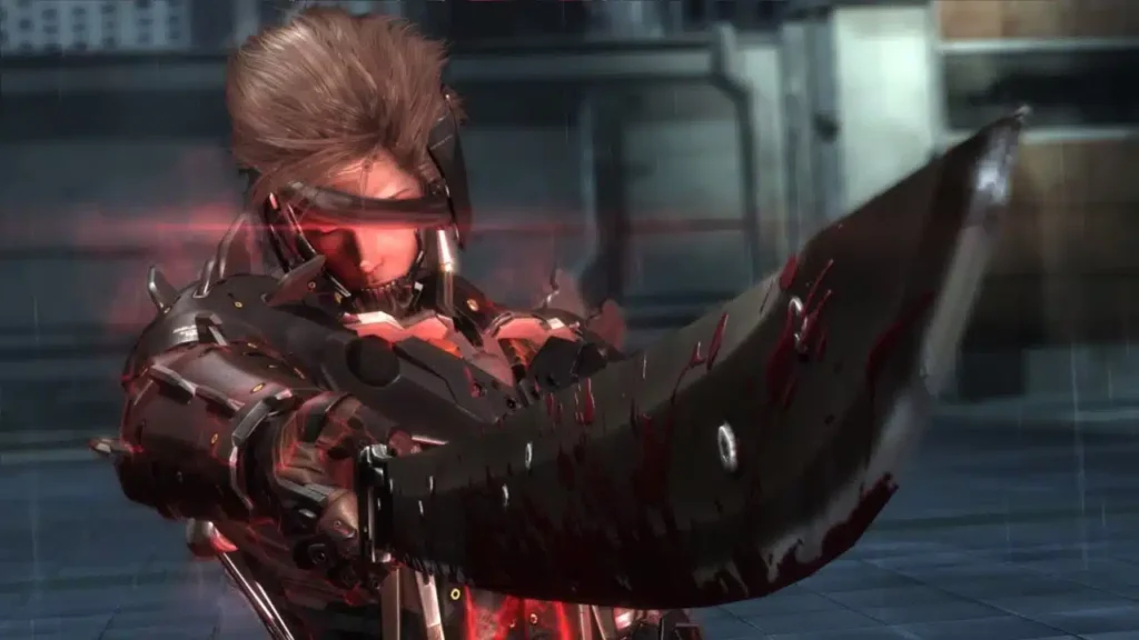 Raiden segurando uma katana ensanguentada em Metal Gear Rising: Revengeance.