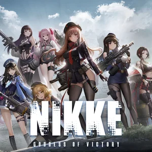 Arte promocional de Goddess of Victory: Nikke mostrando o esquadrão de personagens principais prontas para a batalha.