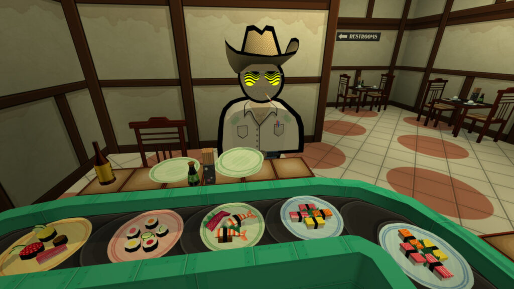 Personagem do jogo Jazzpunk em um restaurante de sushi.