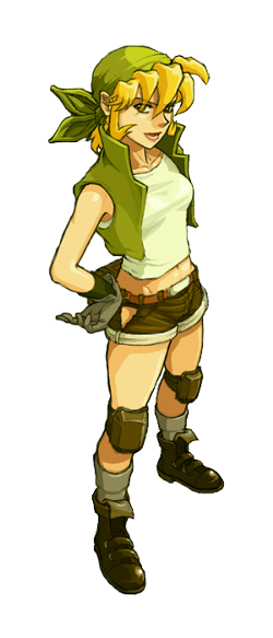 Imagem de Eri Kasamoto, personagem do jogo Metal Slug, vestindo um top branco, shorts curtos, botas e bandana verde.