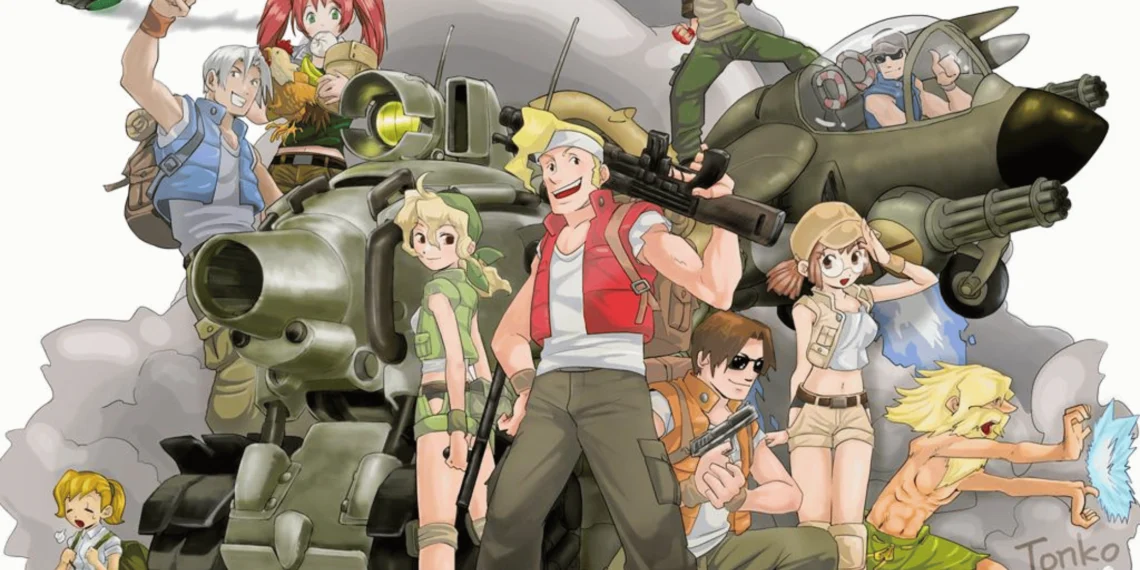 Ilustração dos personagens principais de Metal Slug, incluindo Marco Rossi, Eri Kasamoto, Tarma Roving, e outros, posando juntos com um tanque ao fundo, prontos para a ação.