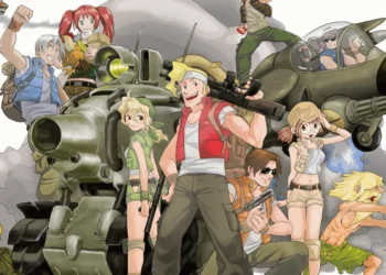 Metal Slug: A História do Clássico dos Jogos de Ação 30 Ilustração dos personagens principais de Metal Slug, incluindo Marco Rossi, Eri Kasamoto, Tarma Roving, e outros, posando juntos com um tanque ao fundo, prontos para a ação.