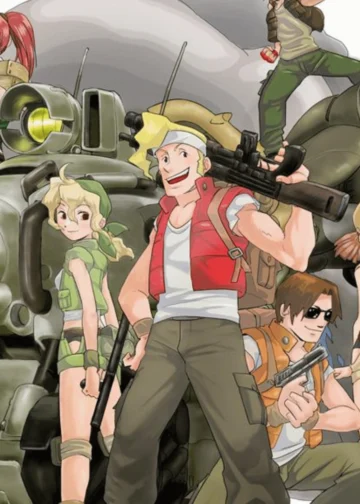 Ilustração dos personagens principais de Metal Slug, incluindo Marco Rossi, Eri Kasamoto, Tarma Roving, e outros, posando juntos com um tanque ao fundo, prontos para a ação.
