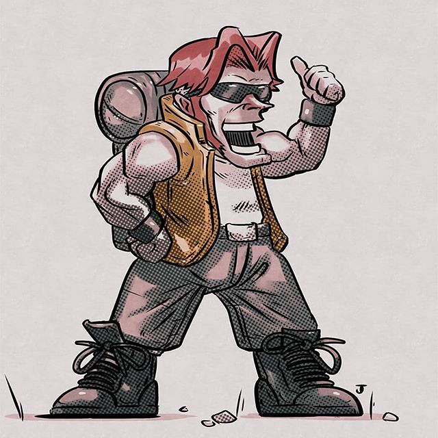 Ilustração de Tarma Roving, personagem do jogo Metal Slug, com óculos de sol, mochila e gesto de positividade.