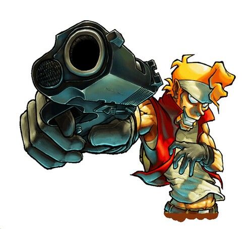 Marco Rossi, personagem do jogo Metal Slug, apontando uma pistola com uma expressão confiante.