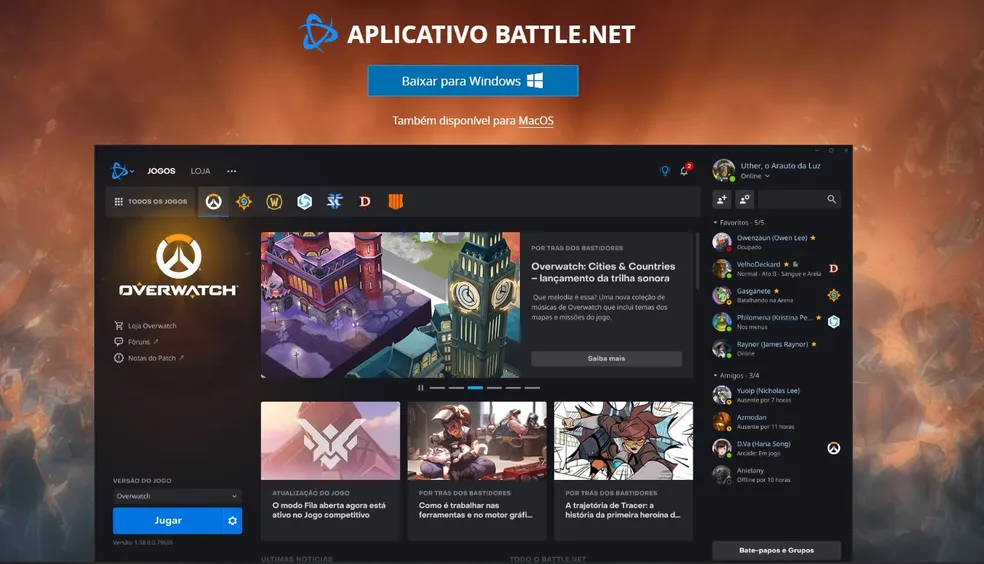 Interface da Battle.net, plataforma da Blizzard para venda de jogos digitais como Overwatch e World of Warcraft.