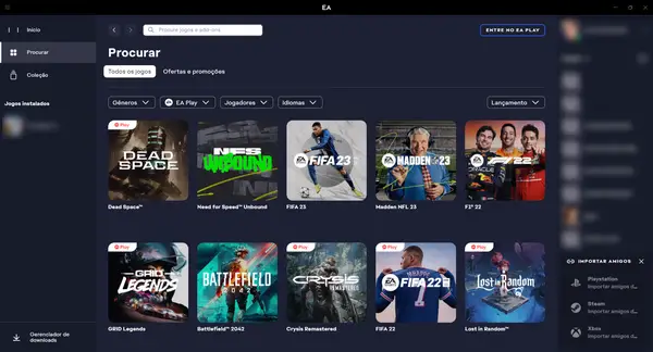 Interface da Origin e EA App, plataforma oficial da EA para compra de jogos como FIFA e The Sims.