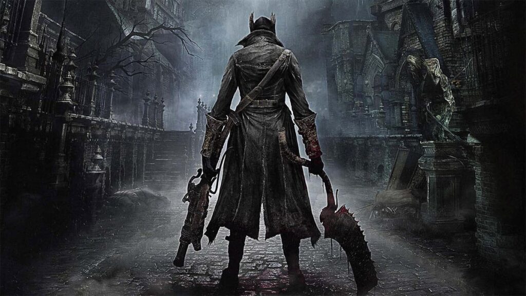 Protagonista de Bloodborne armado com uma serra e uma pistola, em uma rua sombria e gótica de Yharnam.