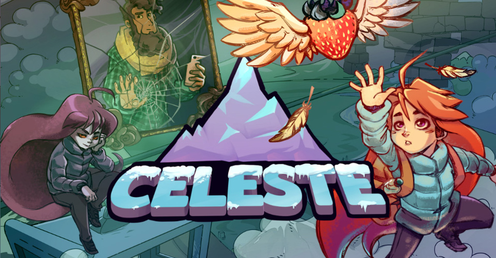 Madeline escalando uma montanha, enquanto enfrenta desafios e encontra personagens em Celeste.