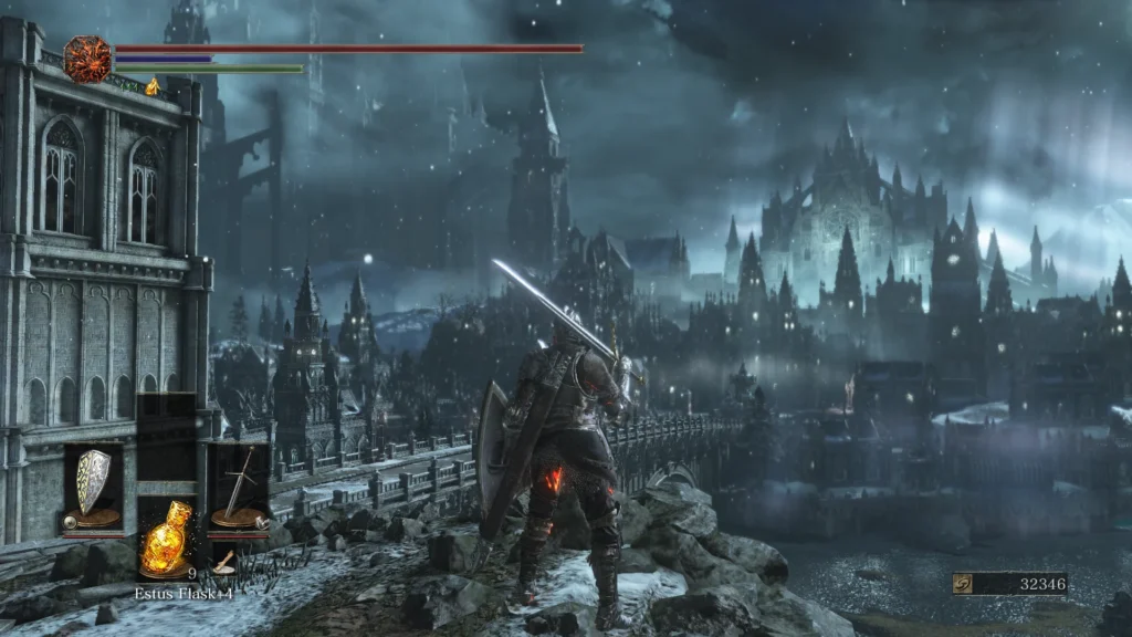 Um guerreiro se prepara para entrar em uma catedral sombria em Dark Souls, com neve caindo ao redor.