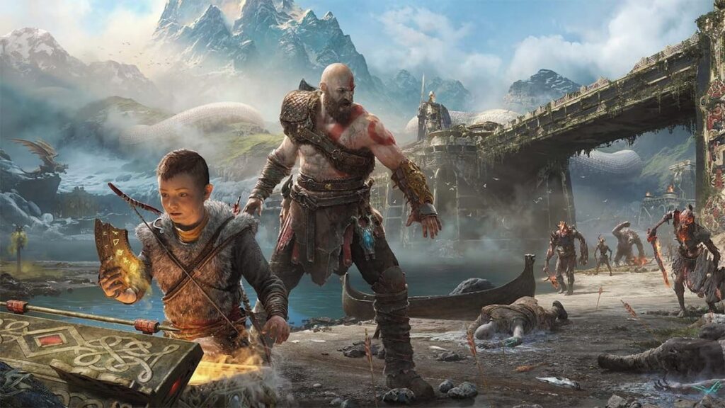 Kratos e Atreus em uma paisagem nórdica em God of War (2018), preparados para o combate.