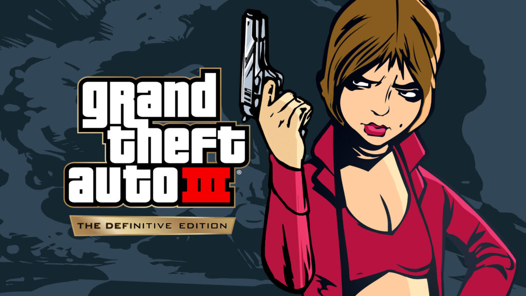 Personagem feminina segurando uma arma em Grand Theft Auto 3: The Definitive Edition.