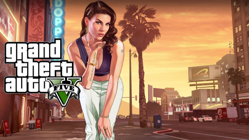 Personagem feminina de Grand Theft Auto V, Los Santos ao fundo ao pôr do sol.