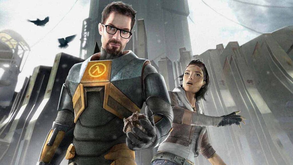 Gordon Freeman e Alyx Vance prontos para ação em um cenário futurista em Half-Life 2.