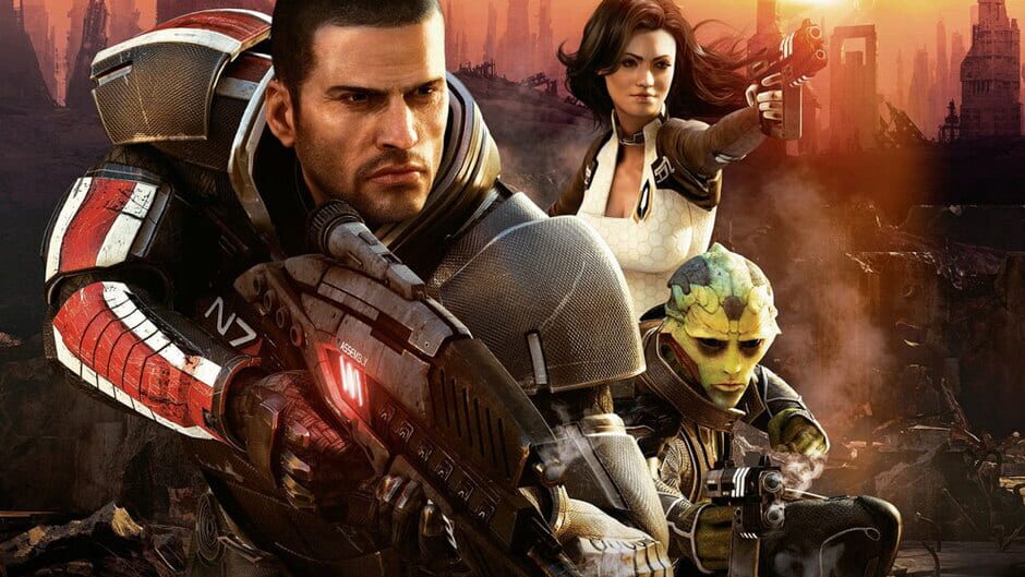 O Comandante Shepard junto com aliados em uma paisagem desolada no jogo Mass Effect 2.