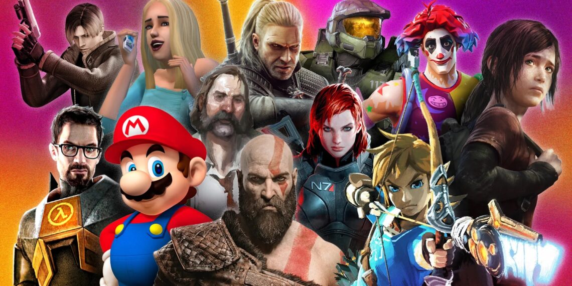 Melhores Jogos de Videogames: Confira a lista! 1 Personagens icônicos de Melhores Jogos de Videogames reunidos em uma montagem colorida e vibrante.