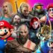 Melhores Jogos de Videogames: Confira a lista! 58 Personagens icônicos de Melhores Jogos de Videogames reunidos em uma montagem colorida e vibrante.