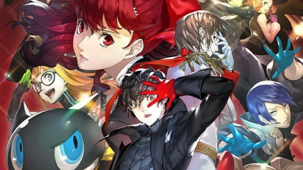 Os personagens de Persona 5 Royal, incluindo Joker e seus companheiros, em uma cena cheia de ação.