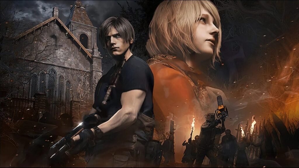 Leon S. Kennedy e Ashley Graham em Resident Evil 4, com uma vila sombria ao fundo e inimigos armados com tochas.