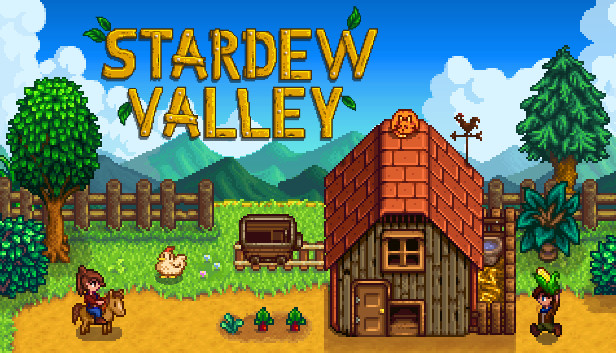 Tela inicial de Stardew Valley com uma fazenda pixelada ao fundo e personagens cuidando de animais e plantas.