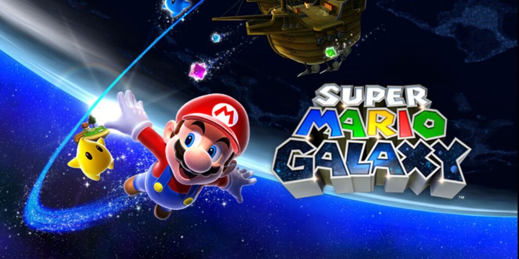 Mario flutuando no espaço em Super Mario Galaxy.