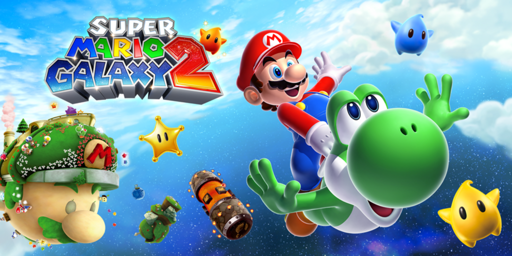 Mario montado em Yoshi voando por um cenário cósmico em Super Mario Galaxy 2.