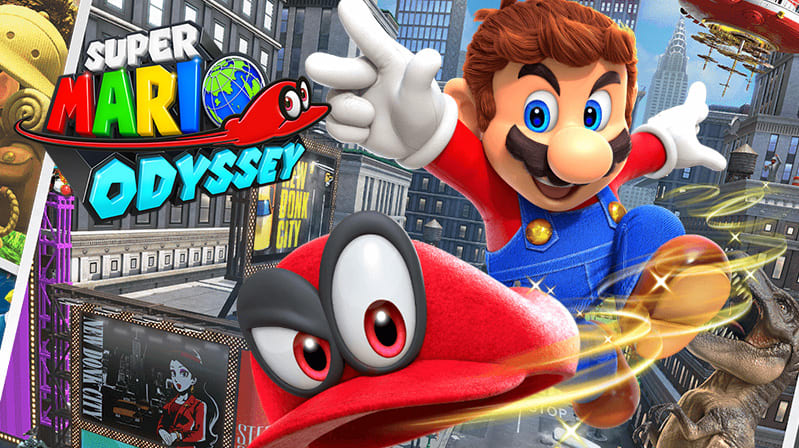 Mario e Cappy em uma aventura por New Donk City em Super Mario Odyssey.