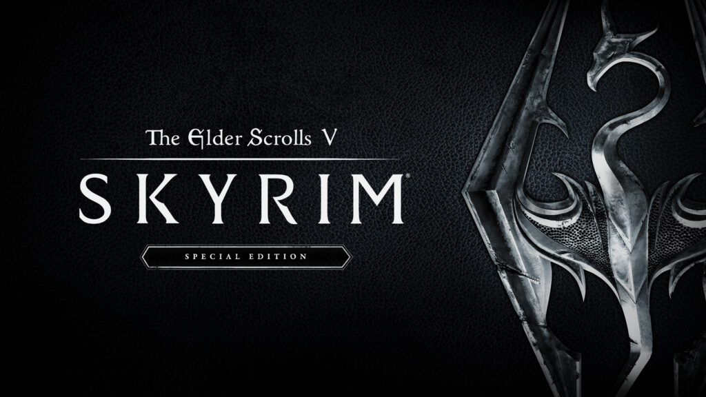 Logotipo de The Elder Scrolls V: Skyrim, edição especial, com um dragão estilizado no centro.