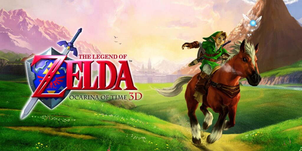 Link montado em Epona, com o Castelo de Hyrule ao fundo em The Legend of Zelda: Ocarina of Time 3D.