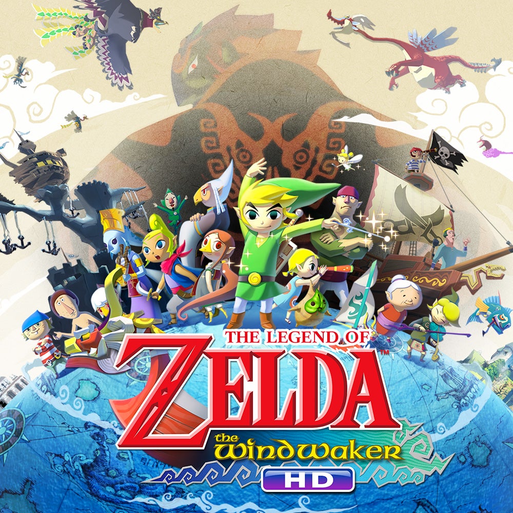 Link e personagens de The Wind Waker em uma vibrante arte promocional do jogo.