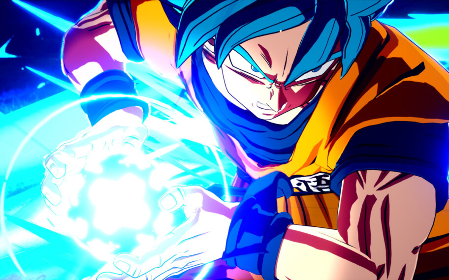 Goku em modo Super Saiyajin Blue carregando um Kamehameha em Dragon Ball.