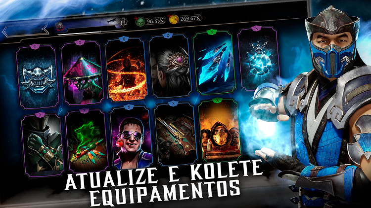 Personagem Sub-Zero ao lado de uma interface de equipamentos no jogo Mortal Kombat para mobile, com a frase "Atualize e colete equipamentos" em destaque.