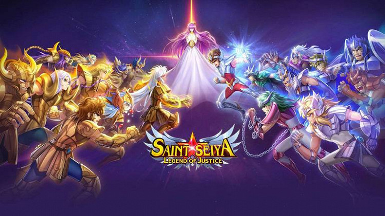 Cavaleiros do Zodíaco em uma batalha épica no jogo Saint Seiya: Legend of Justice, com Atena iluminando o cenário ao fundo.